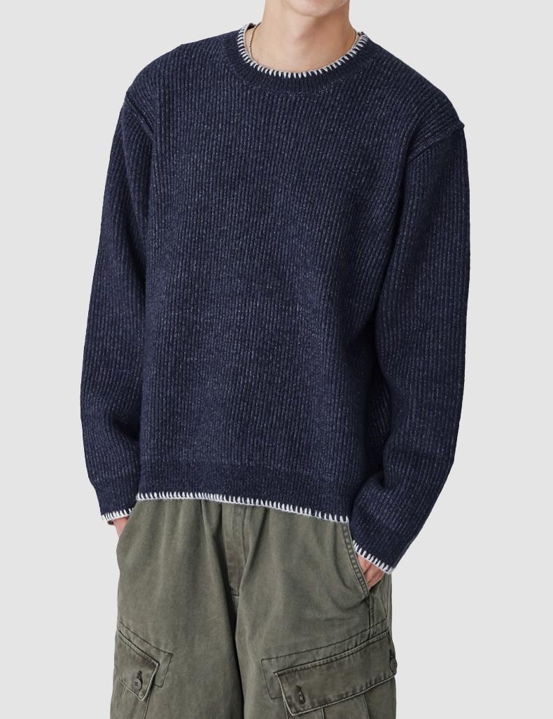 배색 스티치 라운드 니트