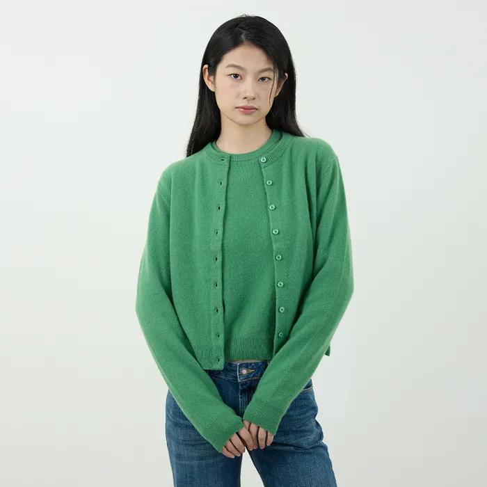 Premium 100% Pure Cashmere Round-Neck Cardigan_Emerald Green