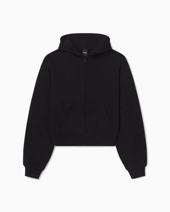 Fleece Zip Hoodie with Oversized Hood | Black - XXS