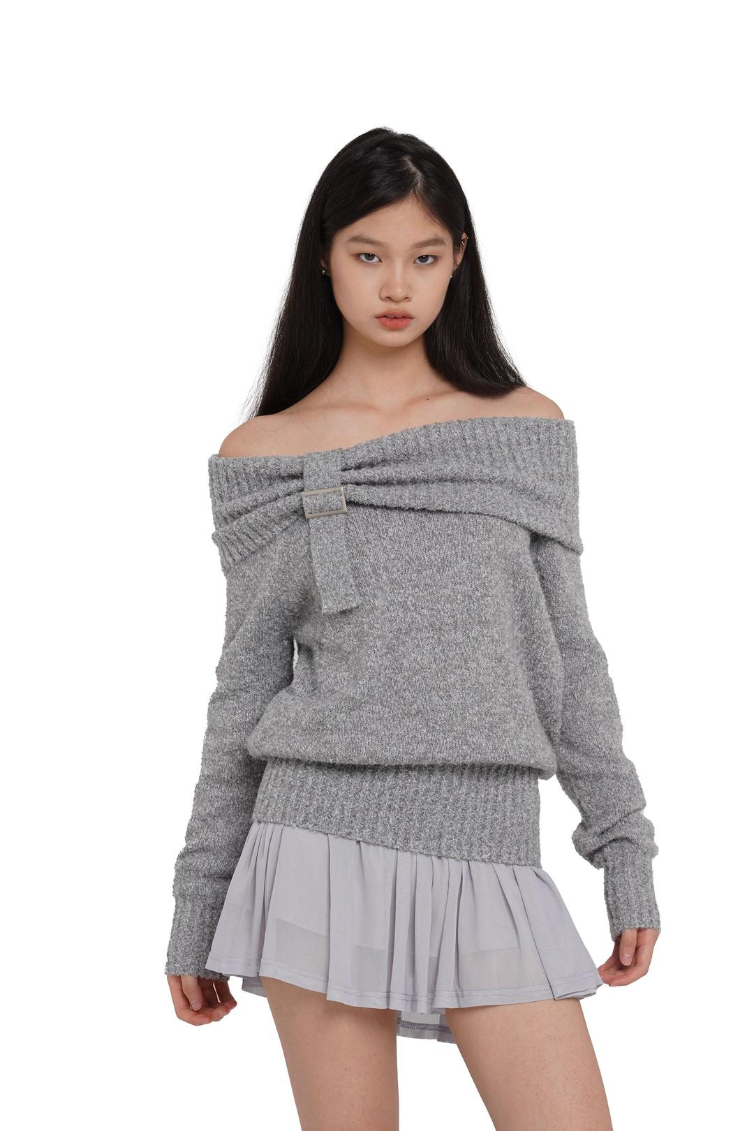 OFF SHOULDER MINI SWEATER DRESS WITH FLARE HEM - Grey / XS