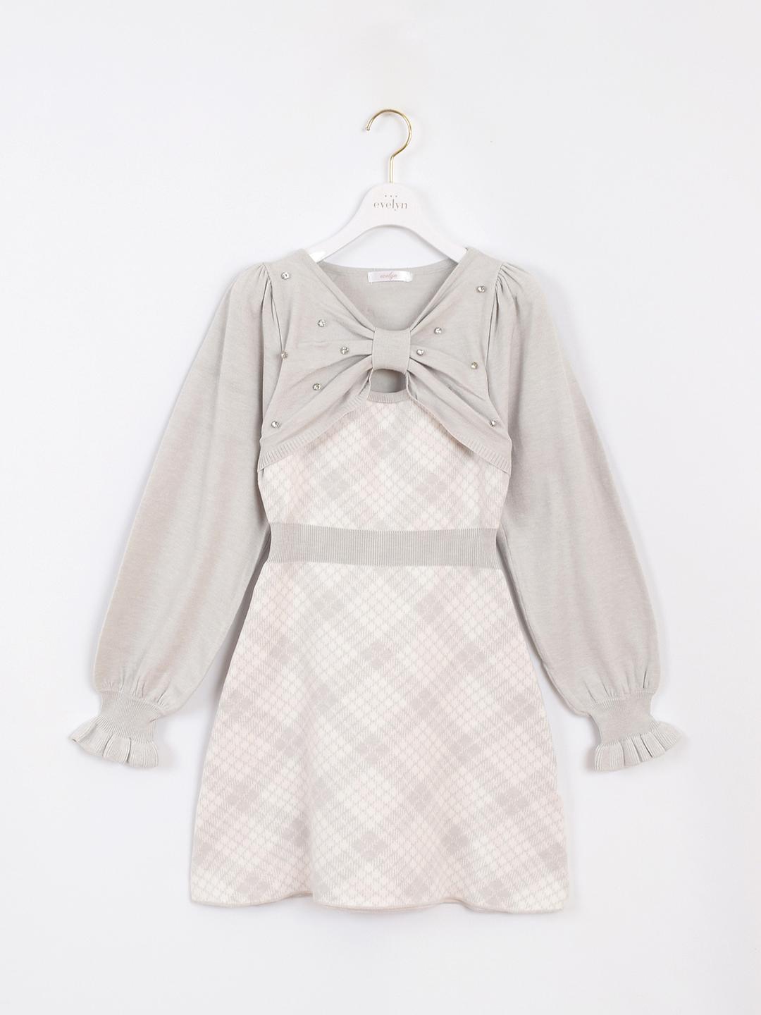 長袖チェックリボンニット