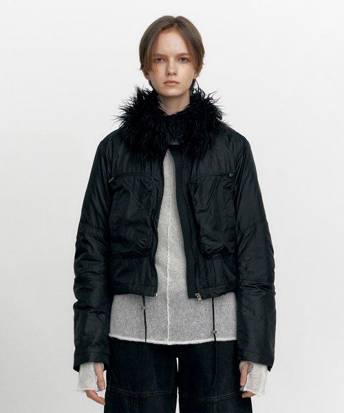FUR COLLAR POCKET BOMBER JACKET, BLACK