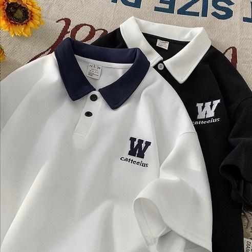 오버핏 배색 카라 버튼 W 자수 카라 반팔 티셔츠 MH2007 - 티셔츠 | 쿠팡