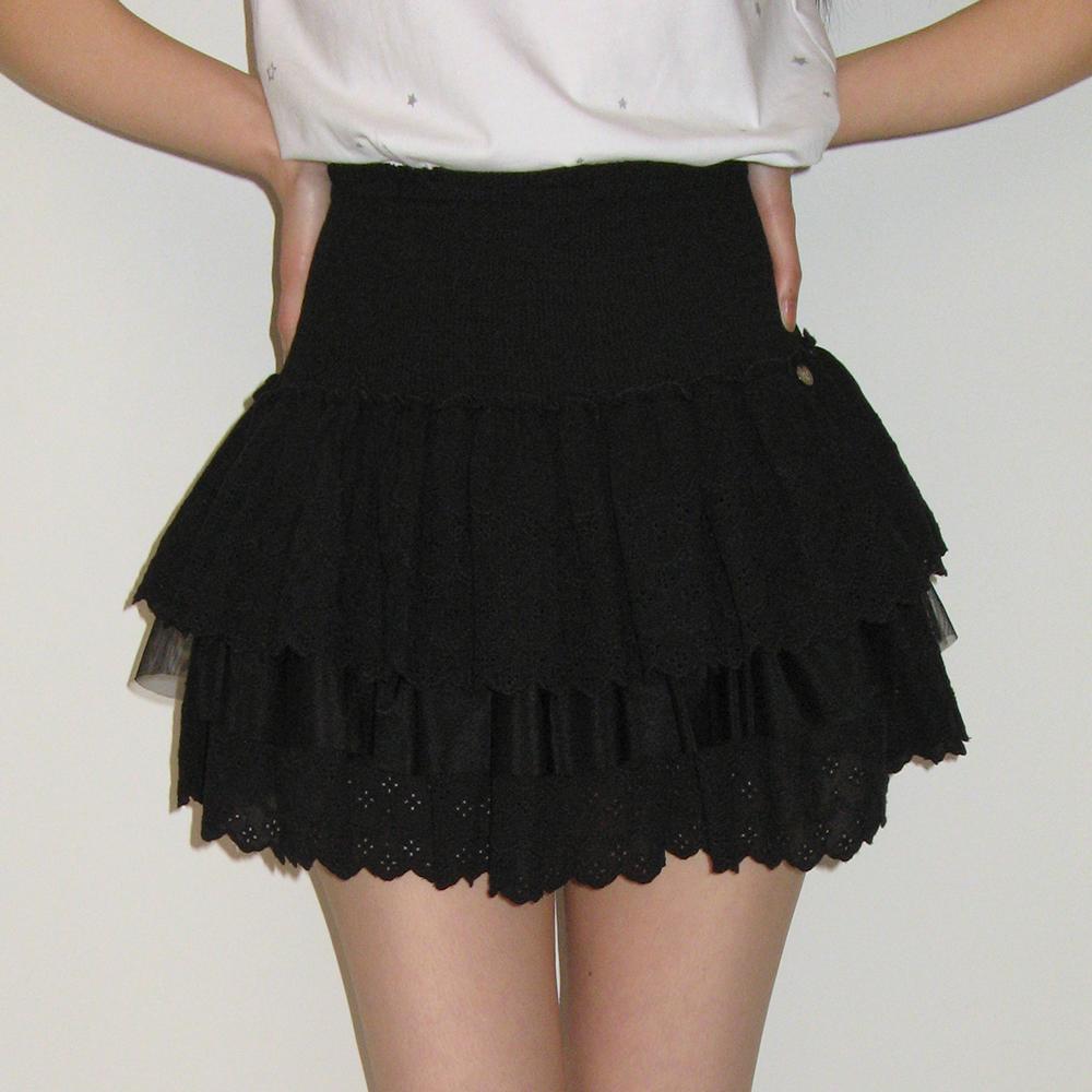 SMOCKED LACE CANCAN RUFFLE PANTSKIRT BLACK