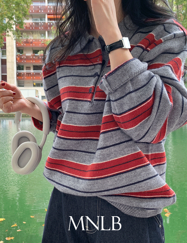 디어먼트 [시즌오프] [단독] ❄️[1만장돌파/럭비니트/카라니트/직진배송][MNLB] 시나몬 멀티 스트라이프 버튼 카라 니트