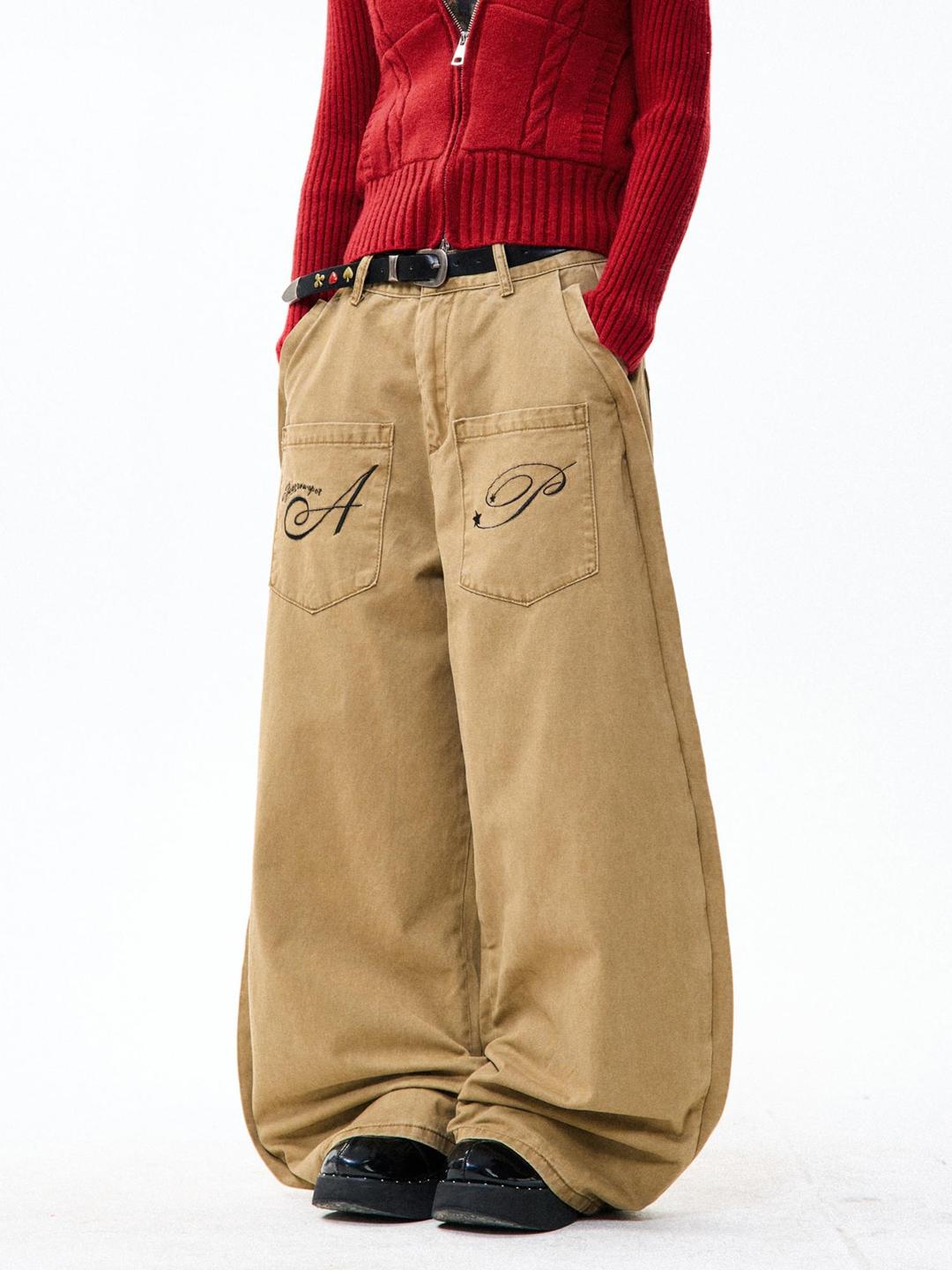 여성용 자수 포켓 넓은 다리 데님 팬츠 루즈핏