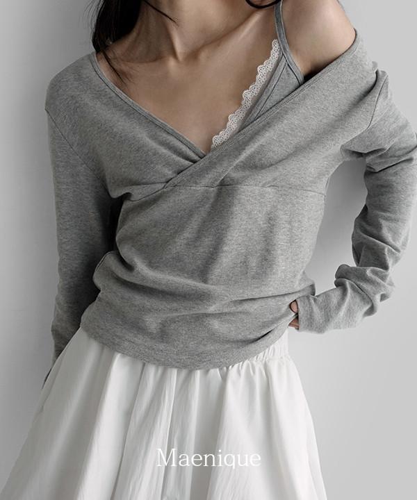 매니크 [20%쿠폰][🌿봄신상/MNQ] 티어넌 레이어드 브이넥 긴소매 티셔츠