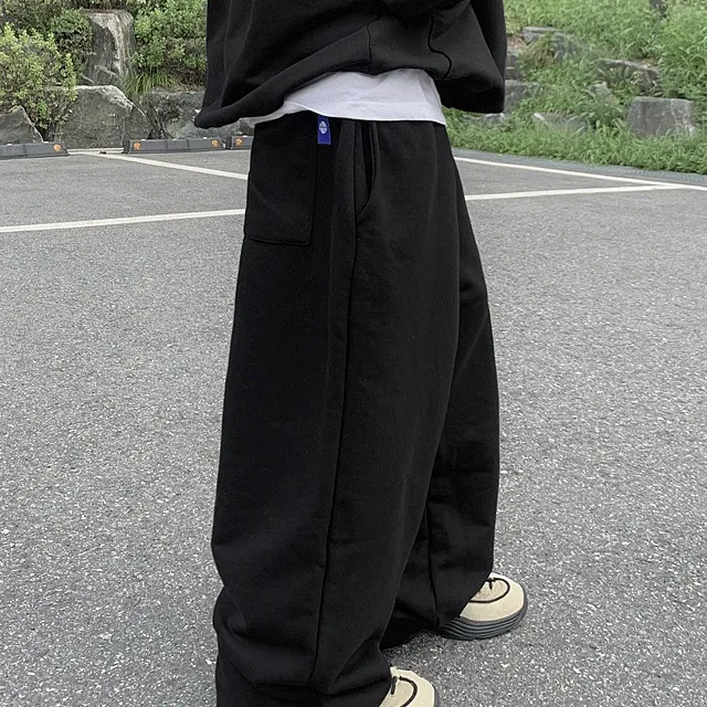 [우체국🚀오늘출발][기모 선택]사이드 라벨 와이드 트레이닝팬츠 남녀공용 빅사이즈 무지 츄리닝 바지