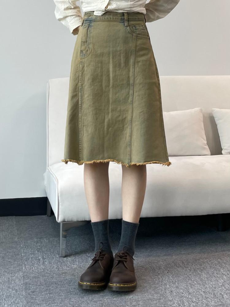 빈티지 옐로우 데님 미디 스커트