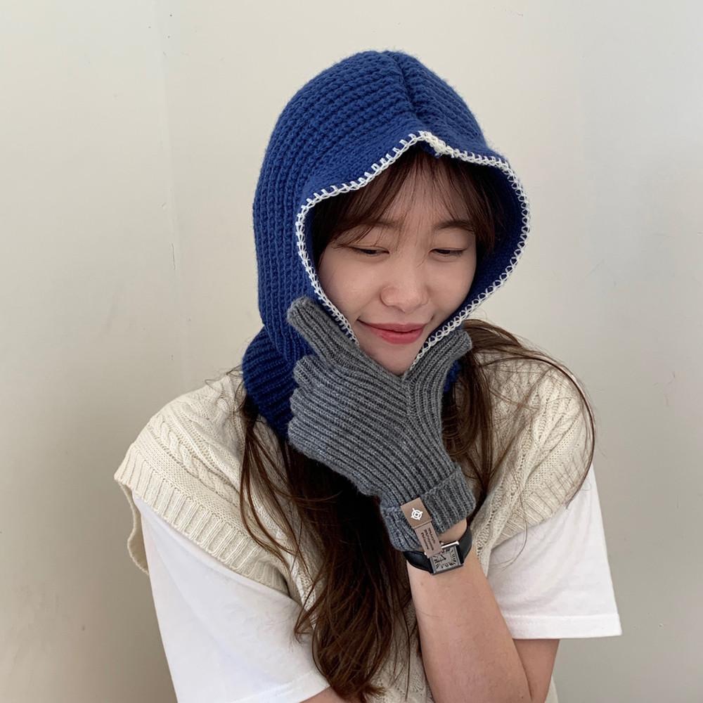 스티치 배색 니트 바라클라바 후드 넥워머 발라클라바