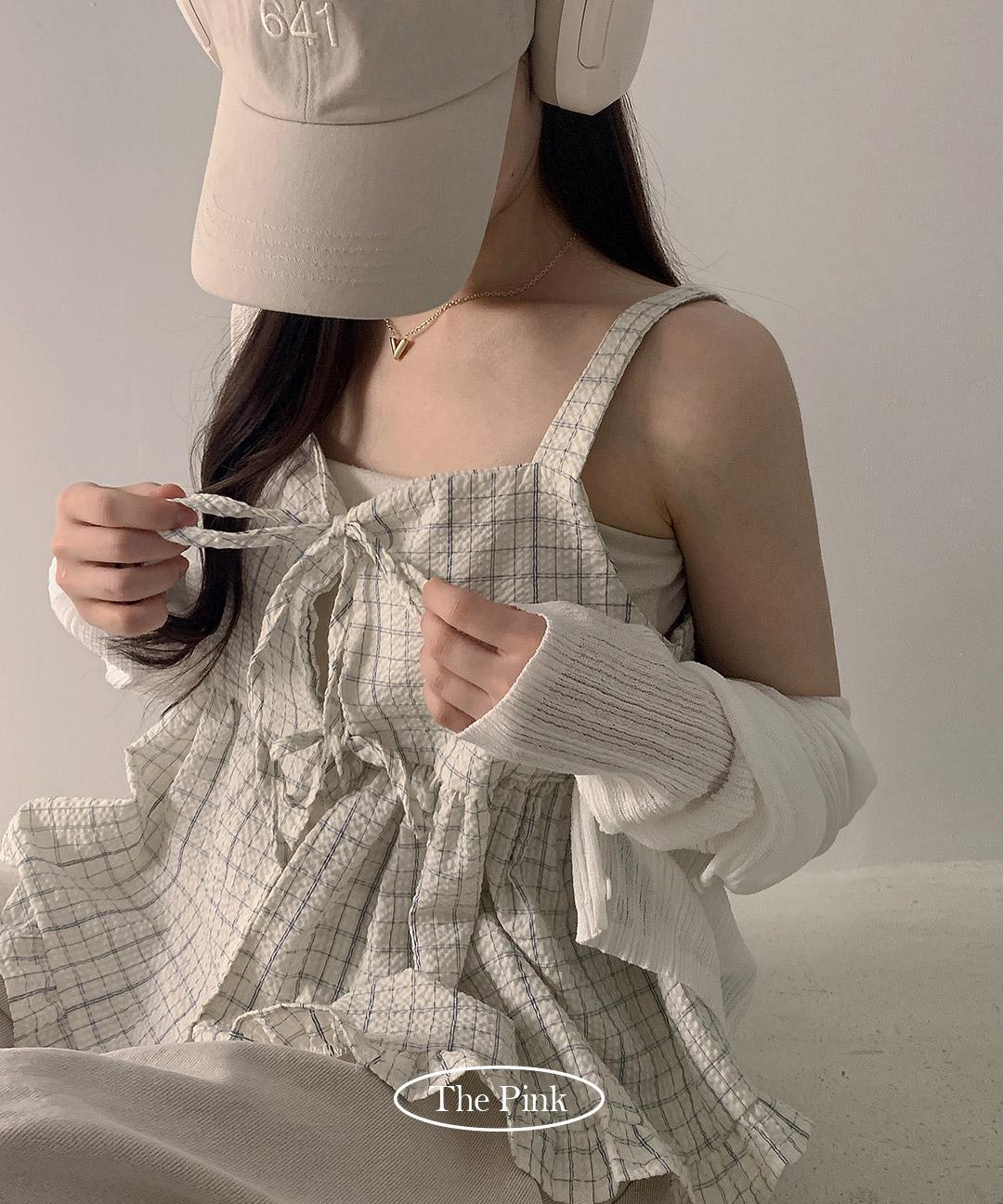 더핑크 [앞뒤착용O/걸코어/러블리] 리넬 체크 리본 프릴 나시 뷔스티에 블라우스 (2color)