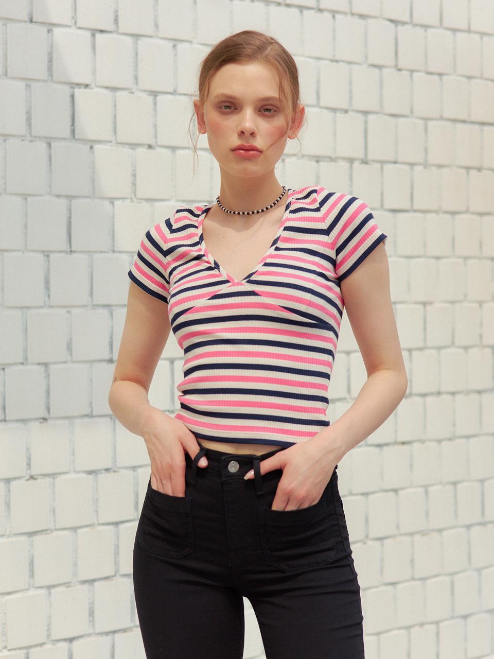 V-NECK STRIPE T-SHIRT_PINK