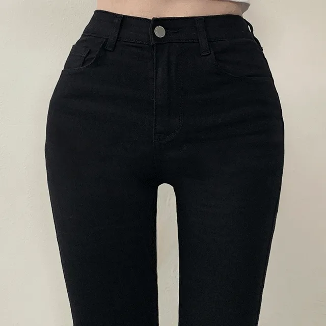 [스판굿!/기장선택,S~2XL까지] 쫀쫀 스판, 하이웨스트 슬림 부츠컷 컷팅 블랙 데님팬츠