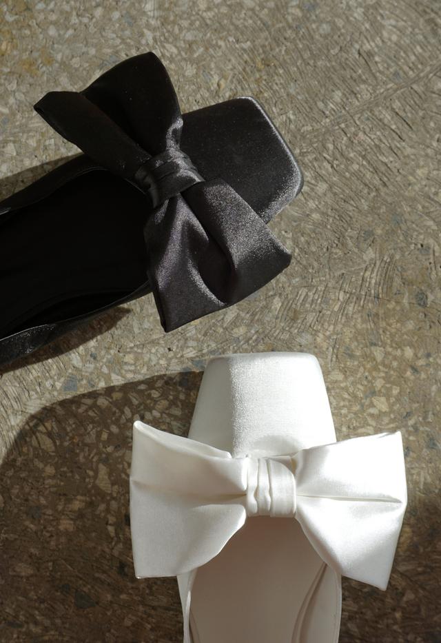 Square Satin Big Ribbon Flat Shoes, 3color
