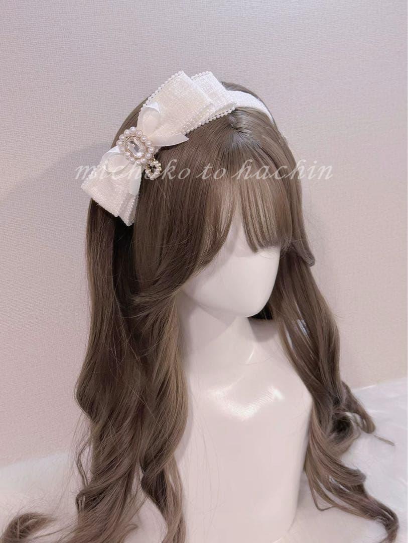 チェック×スクエアラインストーン ツイードリボンカチューシャ量產型 地雷 白