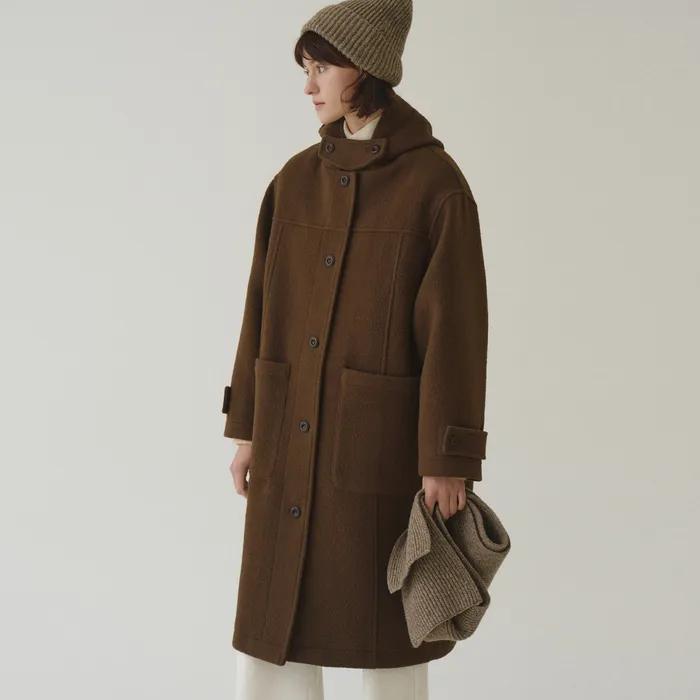 테디 후드 롱 코트_Brown