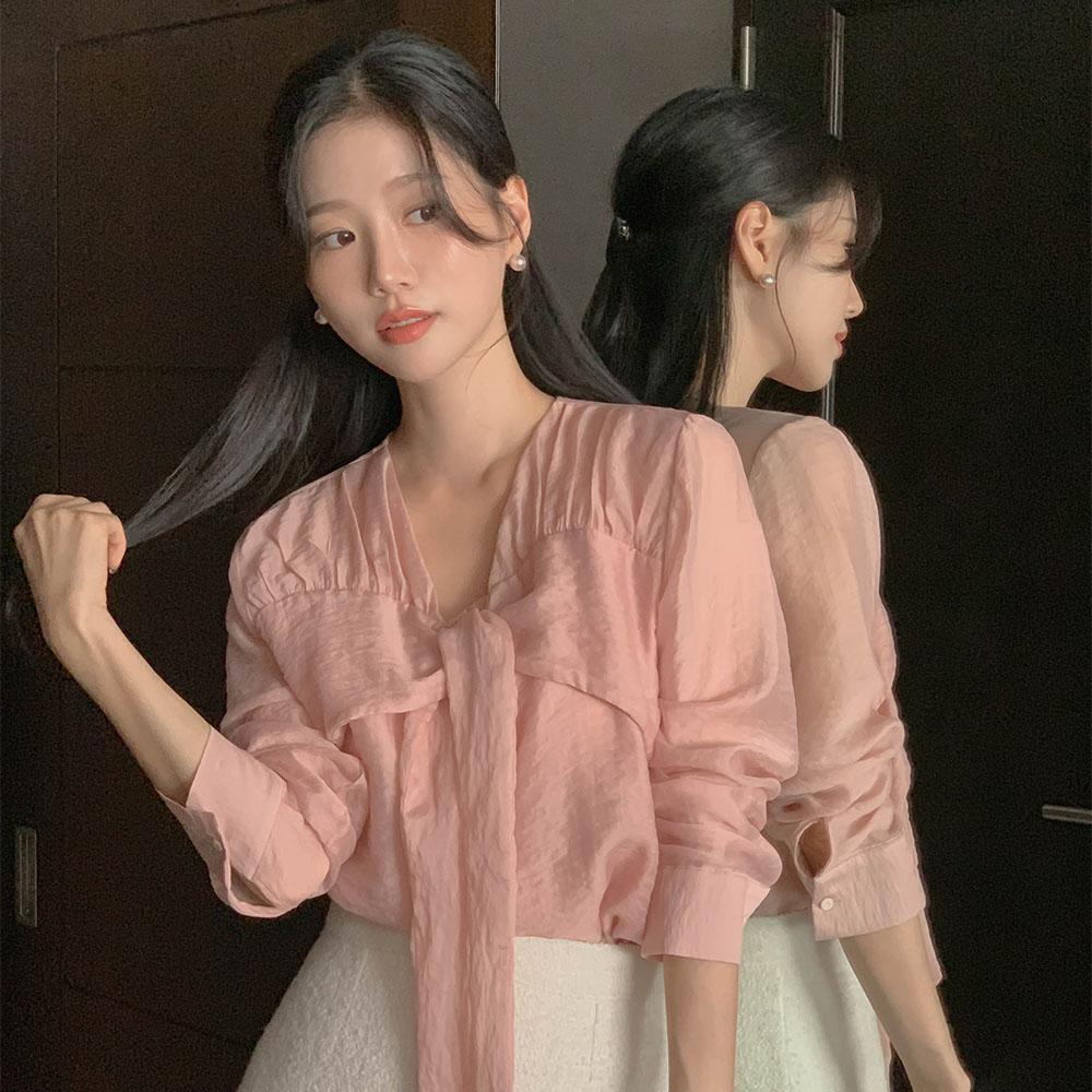 달리호텔 [단독] [Dali made]펠리체 브이넥 리본 셔링 블라우스(하객룩/출근룩)