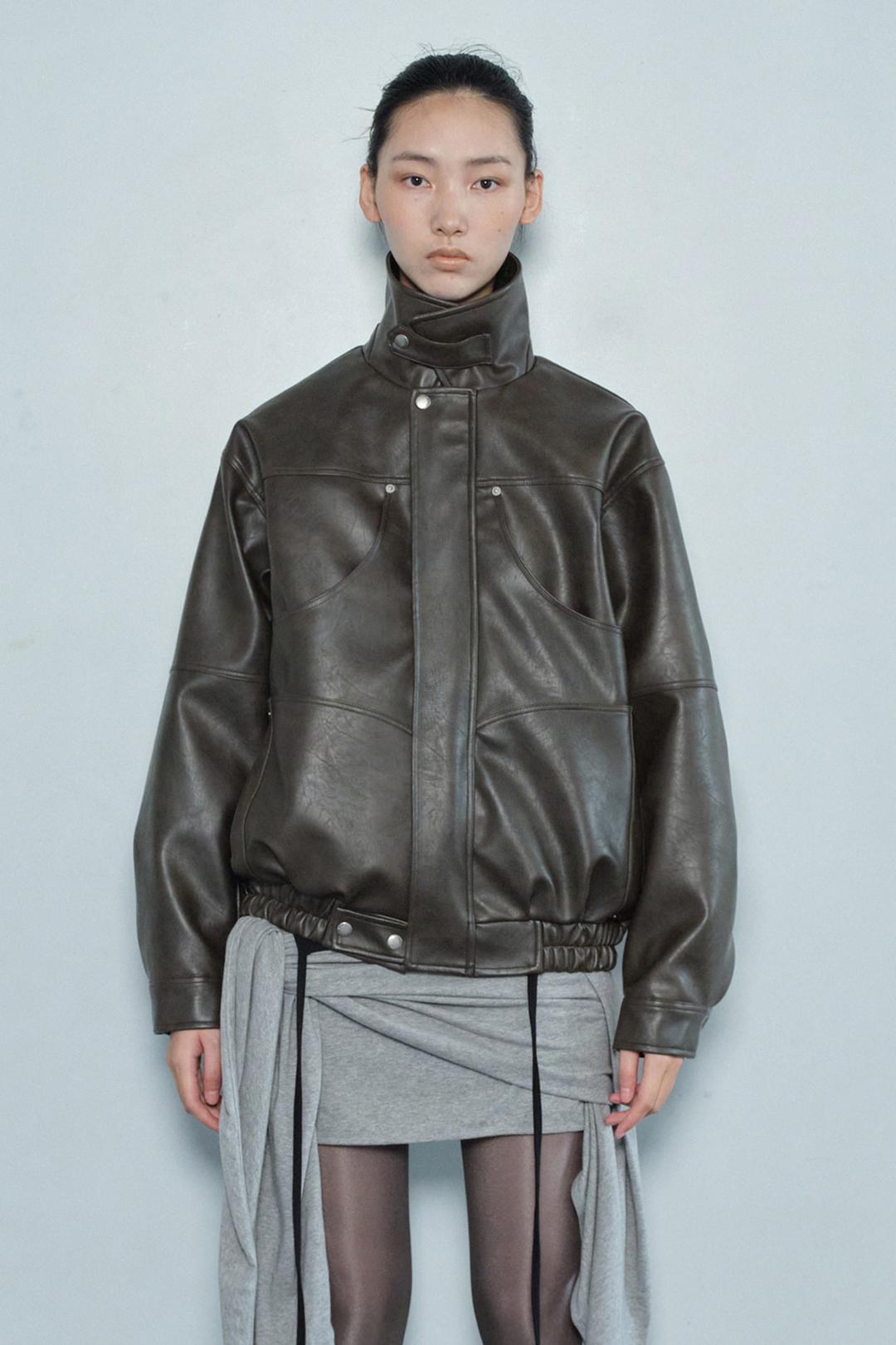 POCKET LEATHER JACKET / BROWN