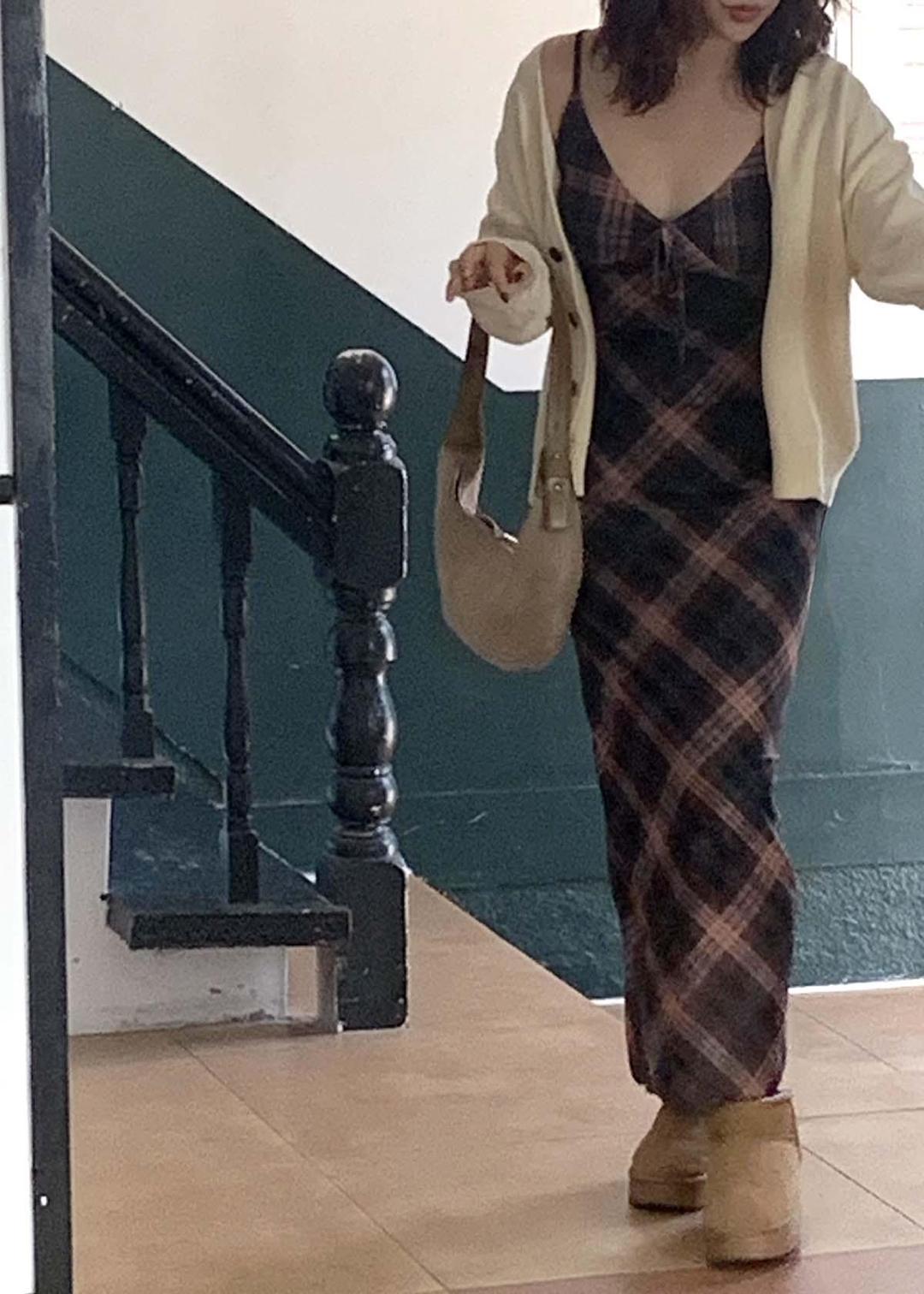 비비파크 시카 체크 리본 나시 롱 원피스