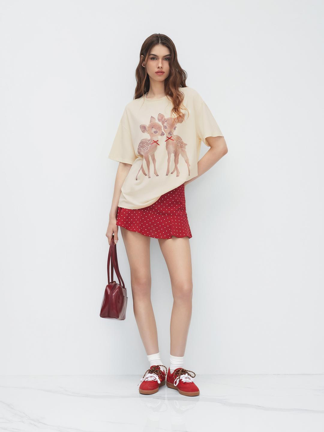 Cotton-blend Round Neckline Deer Graphic Bowknot Oversized Tee