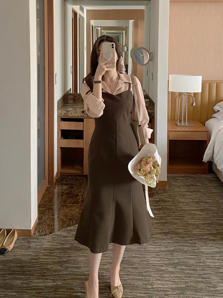 윈터 무드 레이어드 뷔스티에 머메이드 롱 원피스 2color 하객룩 연말룩 오피스룩