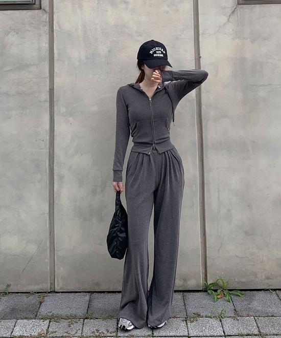 [허쏙골넓set] 말라핏 44추천 크롭 후드집업 밴딩 와이드 롱팬츠 세트