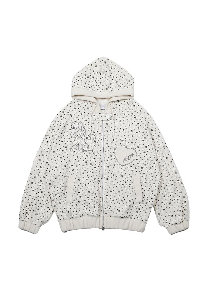 STARRY FLEECE TRIM PONY HOODIE CREAM