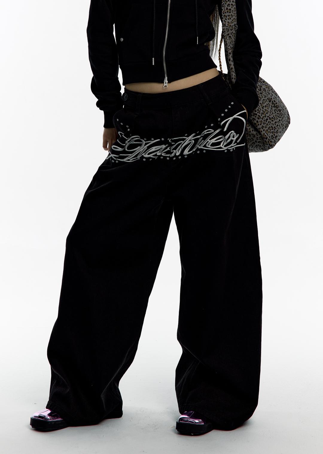 (10/15 Pre-Order) Embroidered Pintuck Wide Pants Black