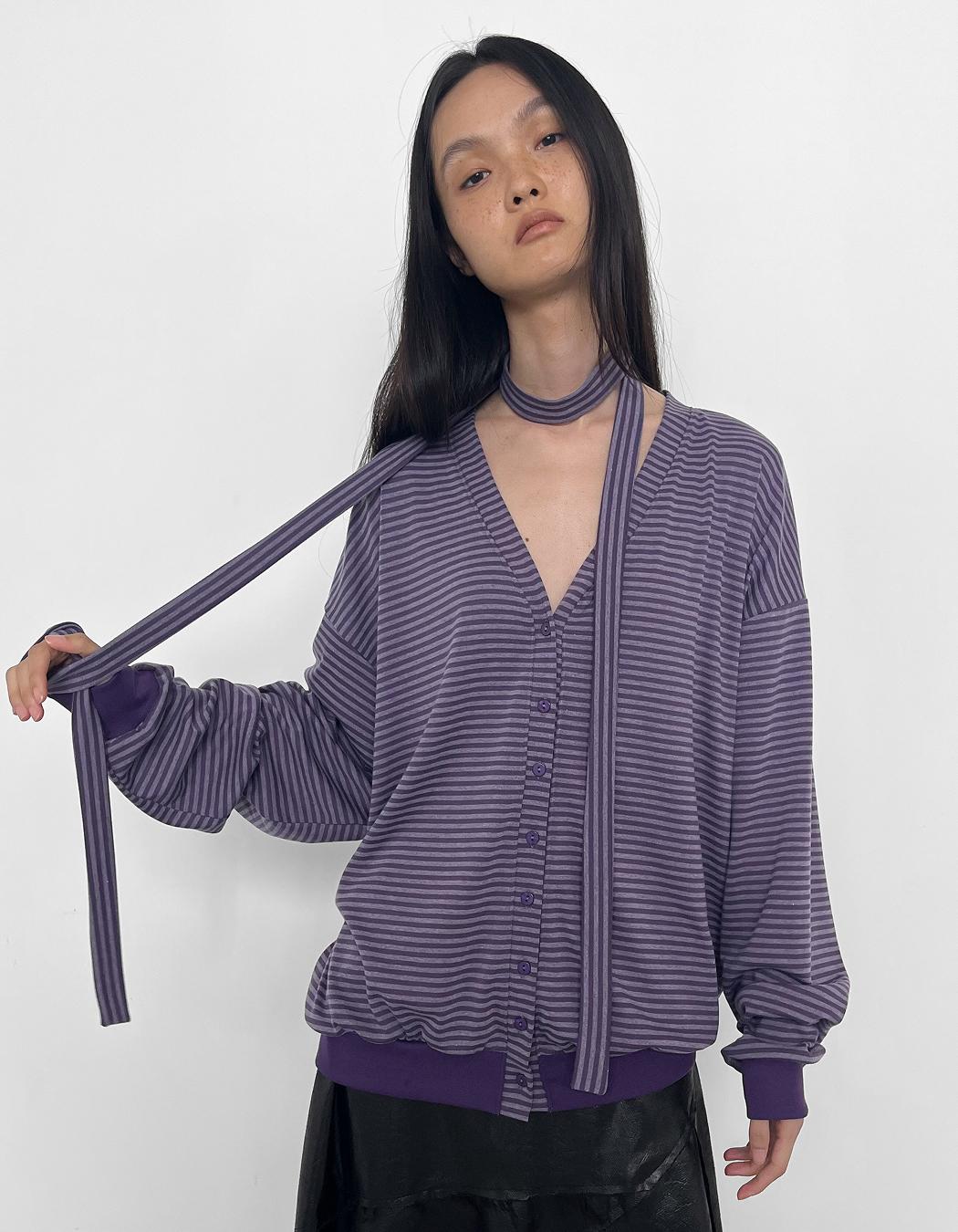 STRIPE LOOSE TIE CARDIGAN, PURPLE