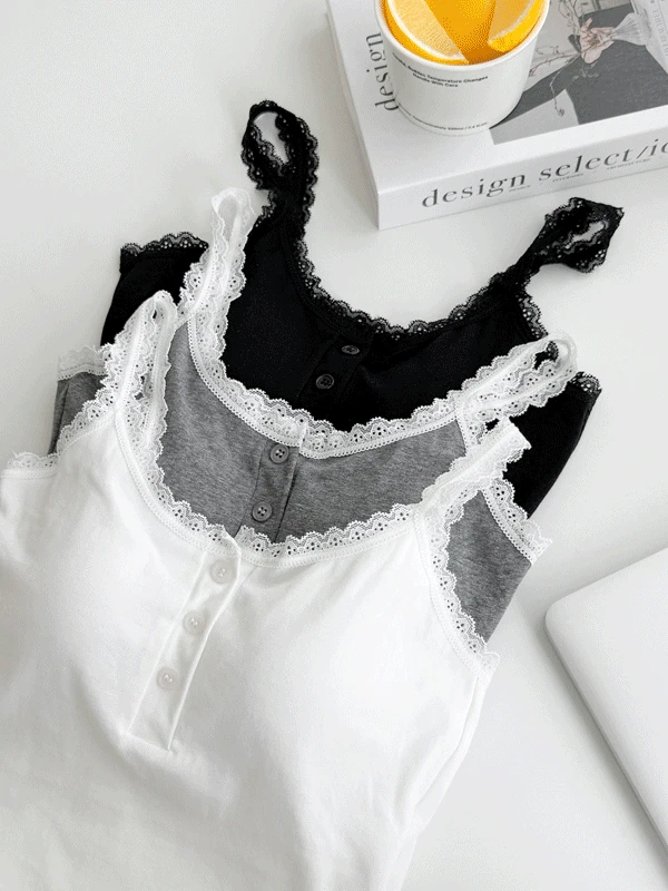 (캡내장) 레이스 버튼 나시 브라탑, 3colors