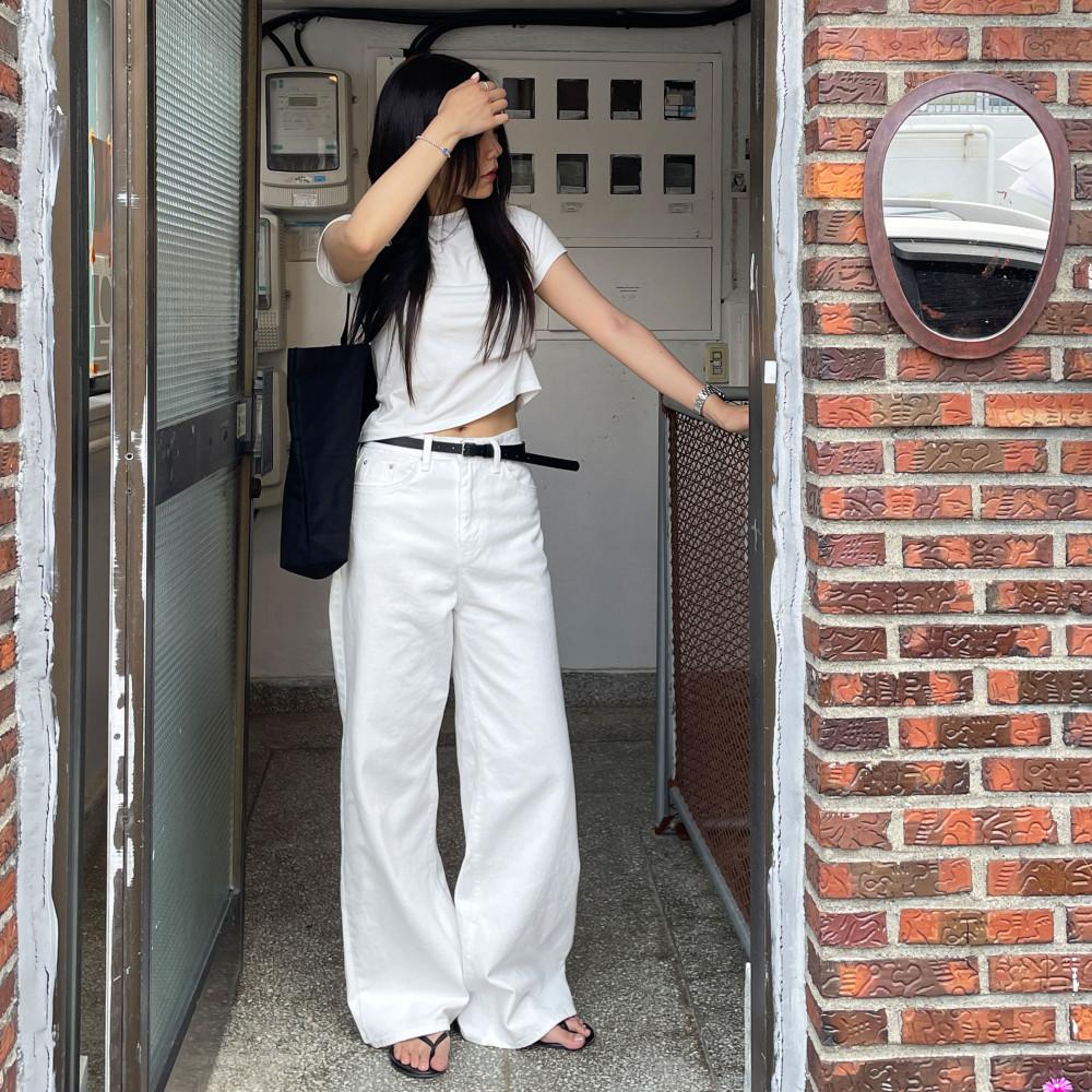 먼스 하이웨스트 화이트 와이드 코튼 팬츠 일자바지 흰색 면바지 흰바지 통바지