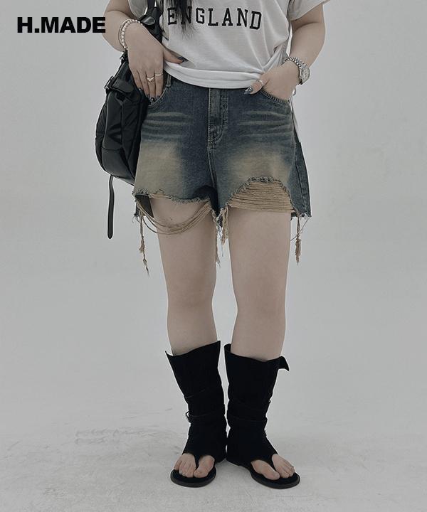 하비언니 MADE #13558 빈티지 데미지 워싱 A라인 데님 반바지 : 데님 1color / XS~2XL