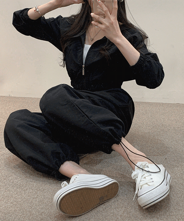 [꾸안꾸,Set구성!] 바스락 집업 바람막이 크롭 자켓 점퍼 밴딩 스트링 조거 팬츠 투피스 트레이닝 세트 [198]