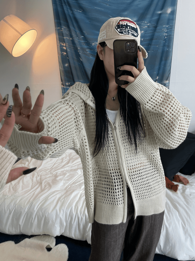 [재진행/UNISEX]워머 매쉬 니트 후드 집업(4color)