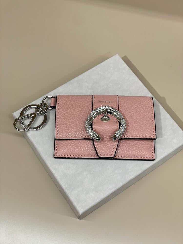 [영국직배송/특가] 지미추 크리스탈 버클 소프트 그레이니 카프 레더 키링 카드 지갑 BLOSSOM SILVER