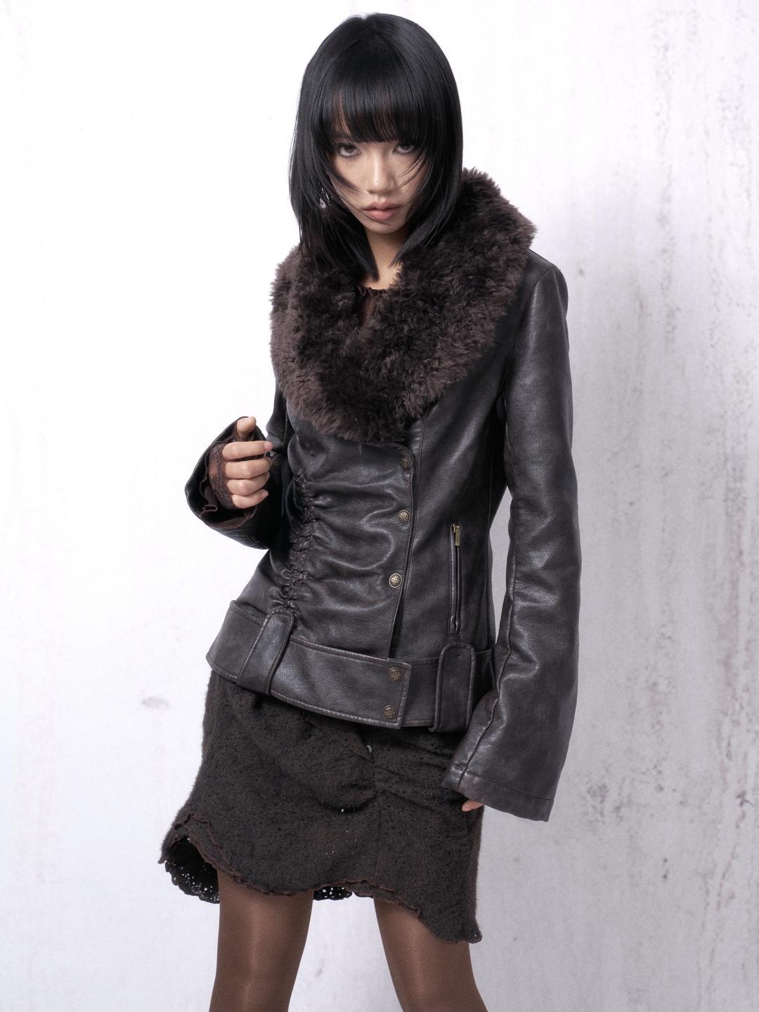 OPEN AESTHETIC Vintage dark fur collar leather jacket