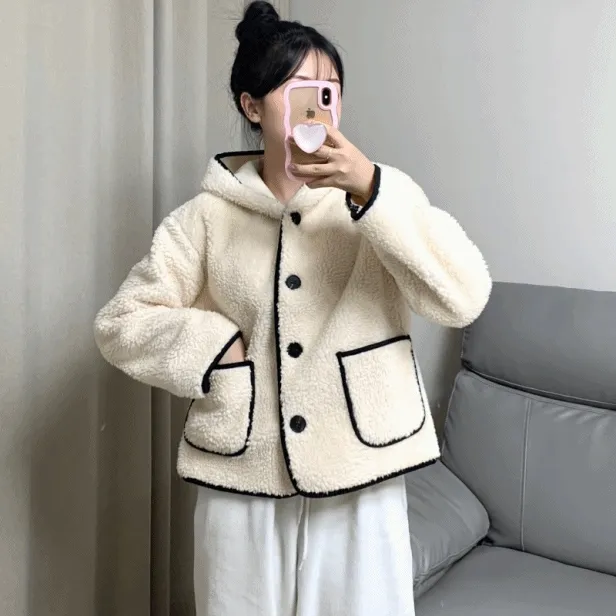 ❤‍🔥최저가❤‍🔥 배색 뽀글이 후드 단추 집업 가디건 / 양털 후드 양털 뽀글이 후드 아우터