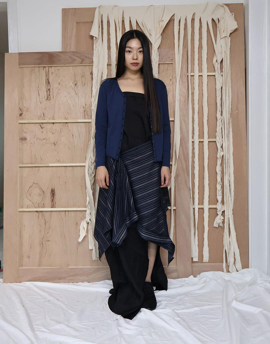 Stripe Button Wrap Skirt (Blue)