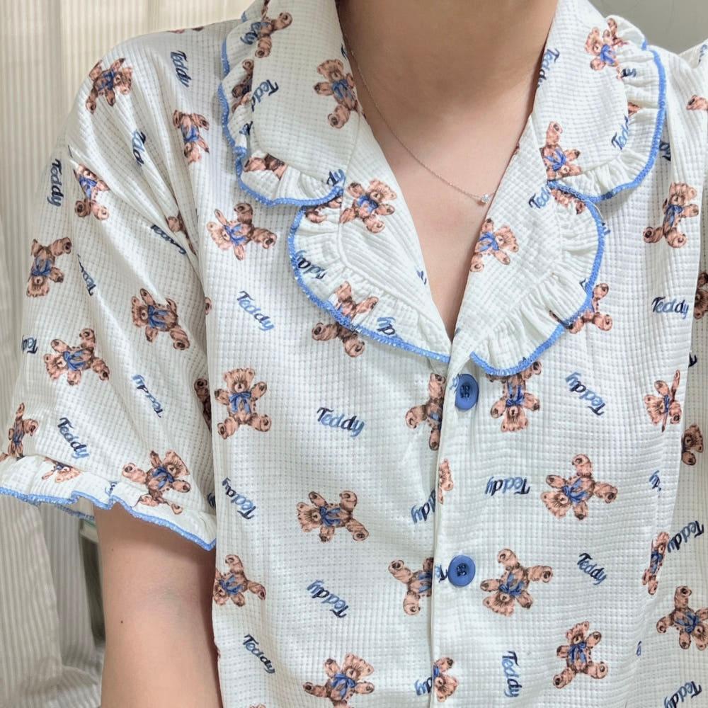 [재고 할인] 여성 와플 잠옷 세트 귀여운 잠옷 곰돌이 파자마 홈웨어