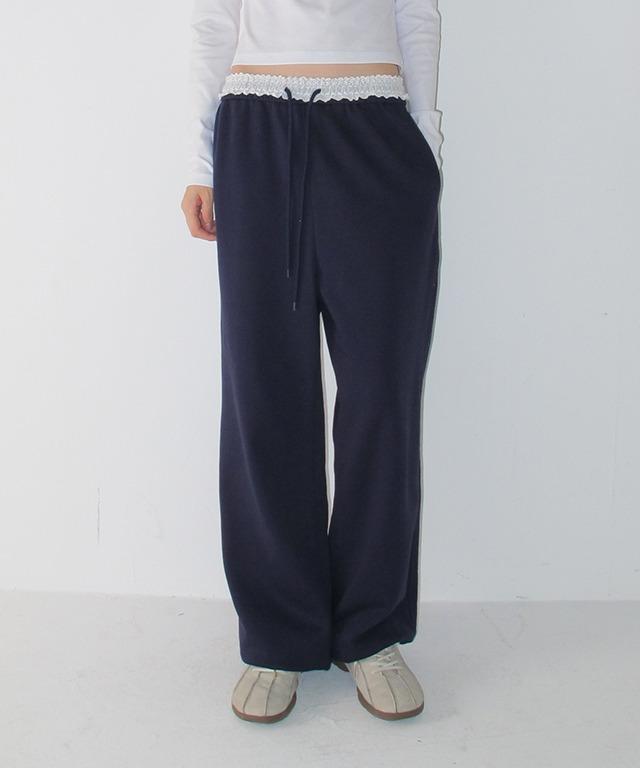 [9/30 순차배송] LACE WAIST WIDE SWEAT JOGGER PANTS NAVY