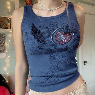 Wings & Heart Print Rhinestone Crop Tank Top