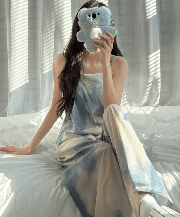 라리리 끈나시 페인팅 노브라 캡내장 잠옷 상하세트 (3558)