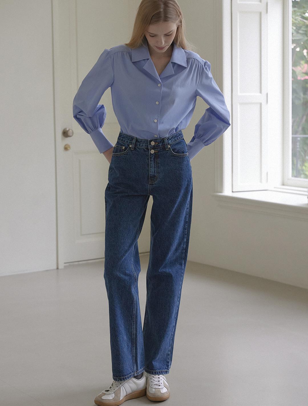 Button Detail Straight Jean - Blue