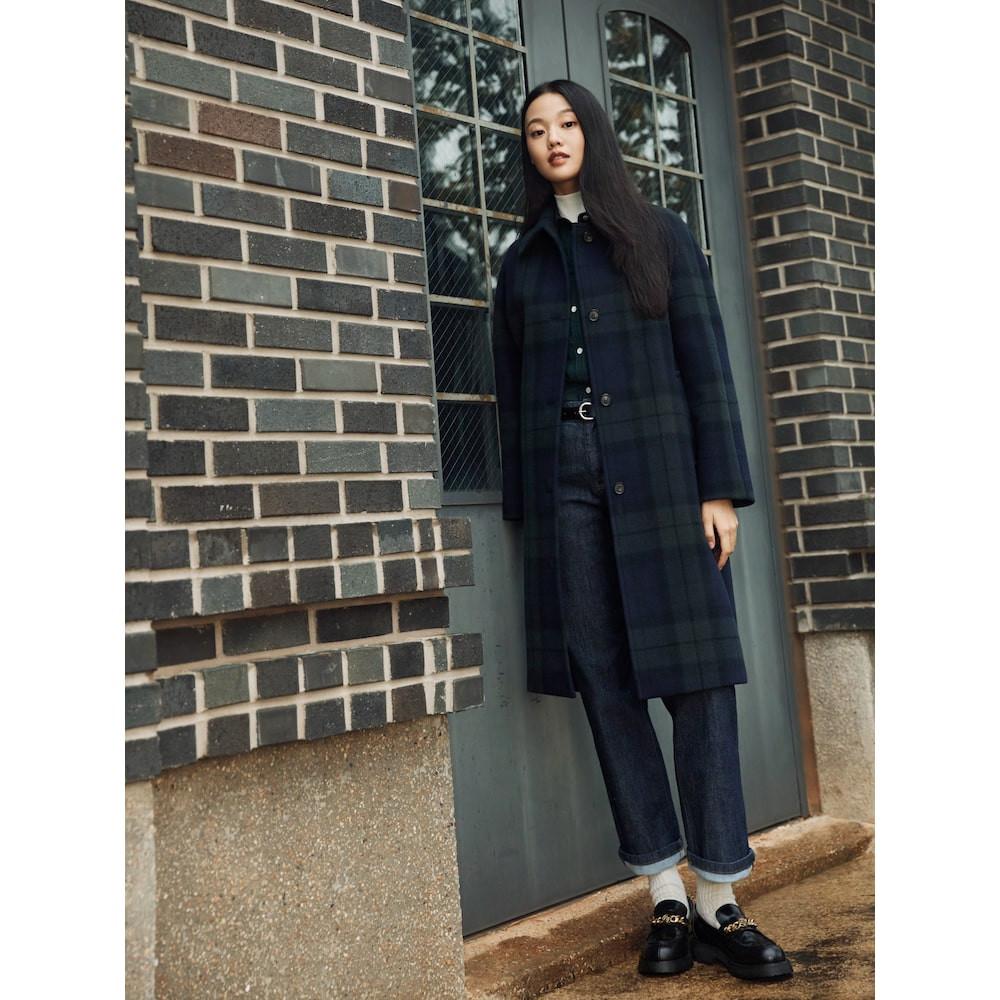 [빈폴레이디스] 울 체크 롱 발마칸 코트  네이비 (BF3X30U06R)