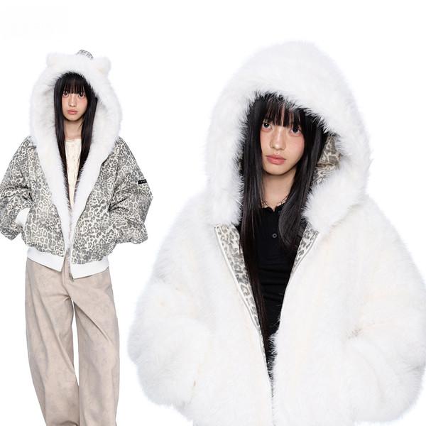 Reversible Leopard Fur Ear Hood Fur Jacket