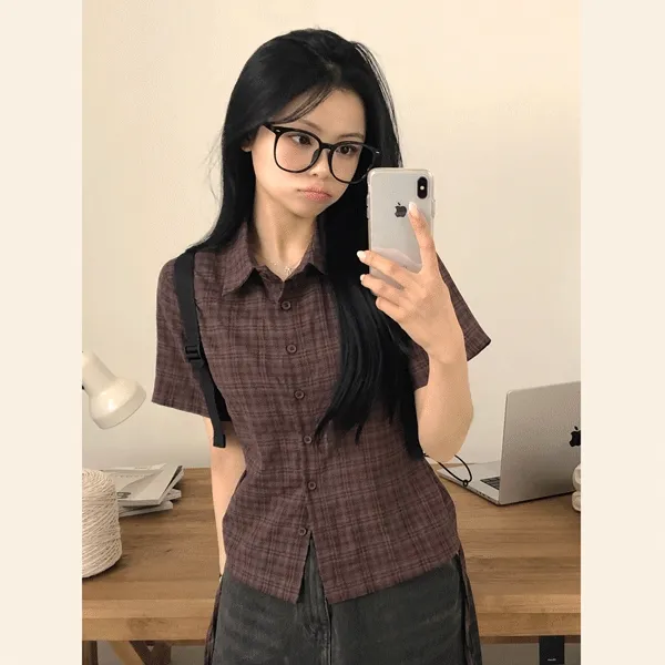 [힙무드🖤/귀여움가득!] 여리여리~ 말라보이는, 체크 옆셔링 여리핏 반팔셔츠 남방 (4color)