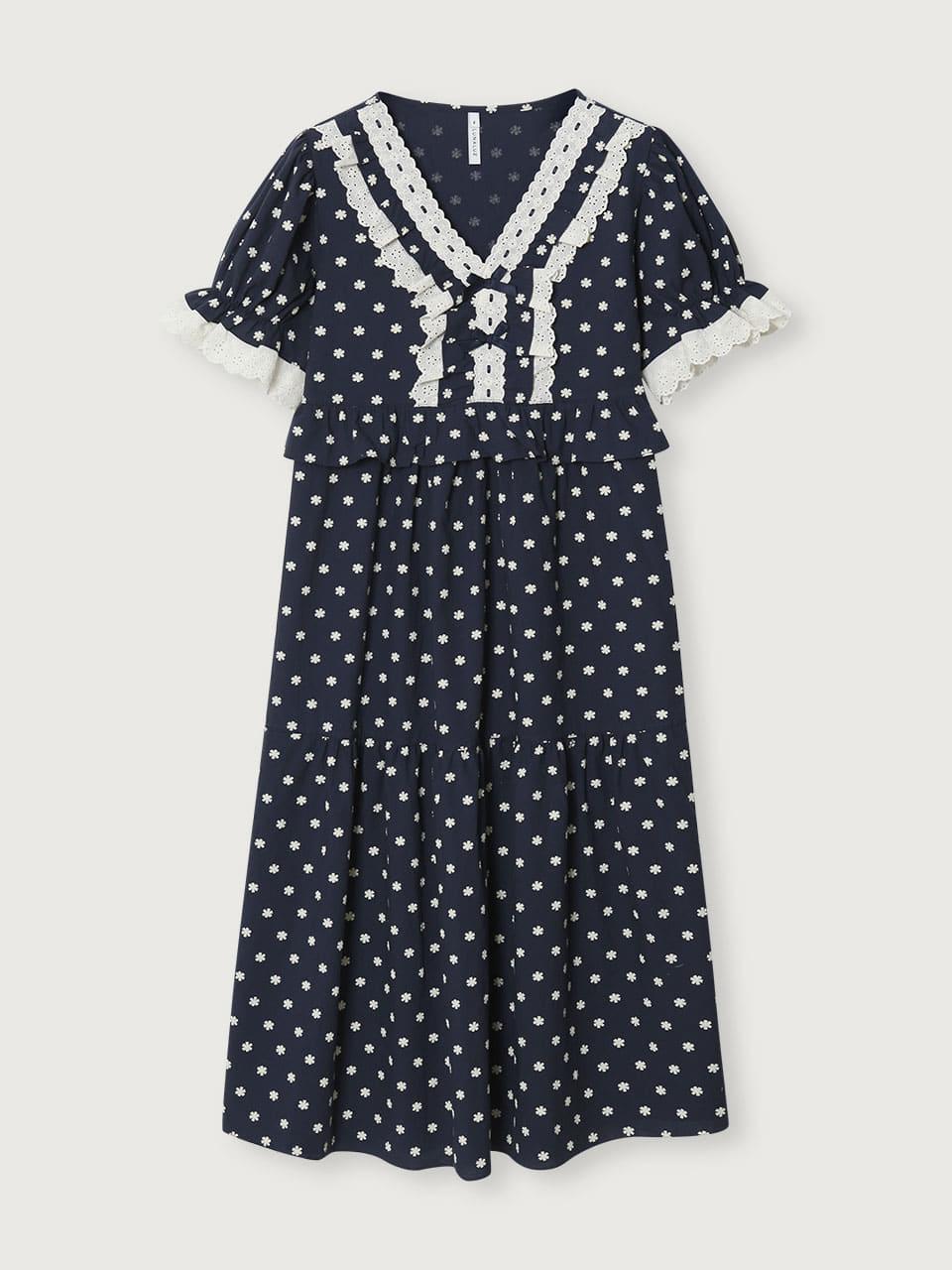 여성 데이지 코튼 반소매 브이넥 원피스 잠옷 24-08833