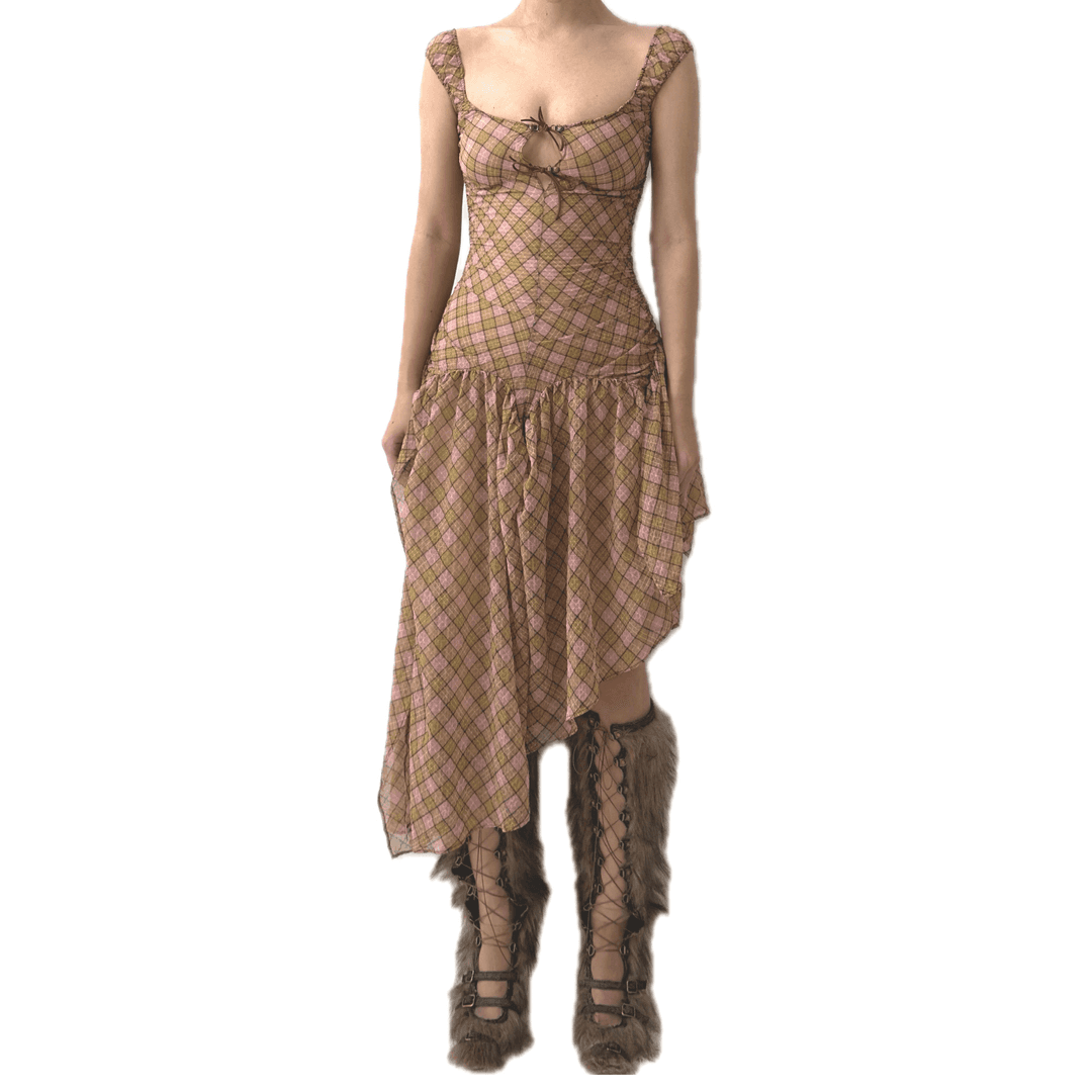 Plaid Puff Chiffon Asymmetrical Dress Fenlü - XS