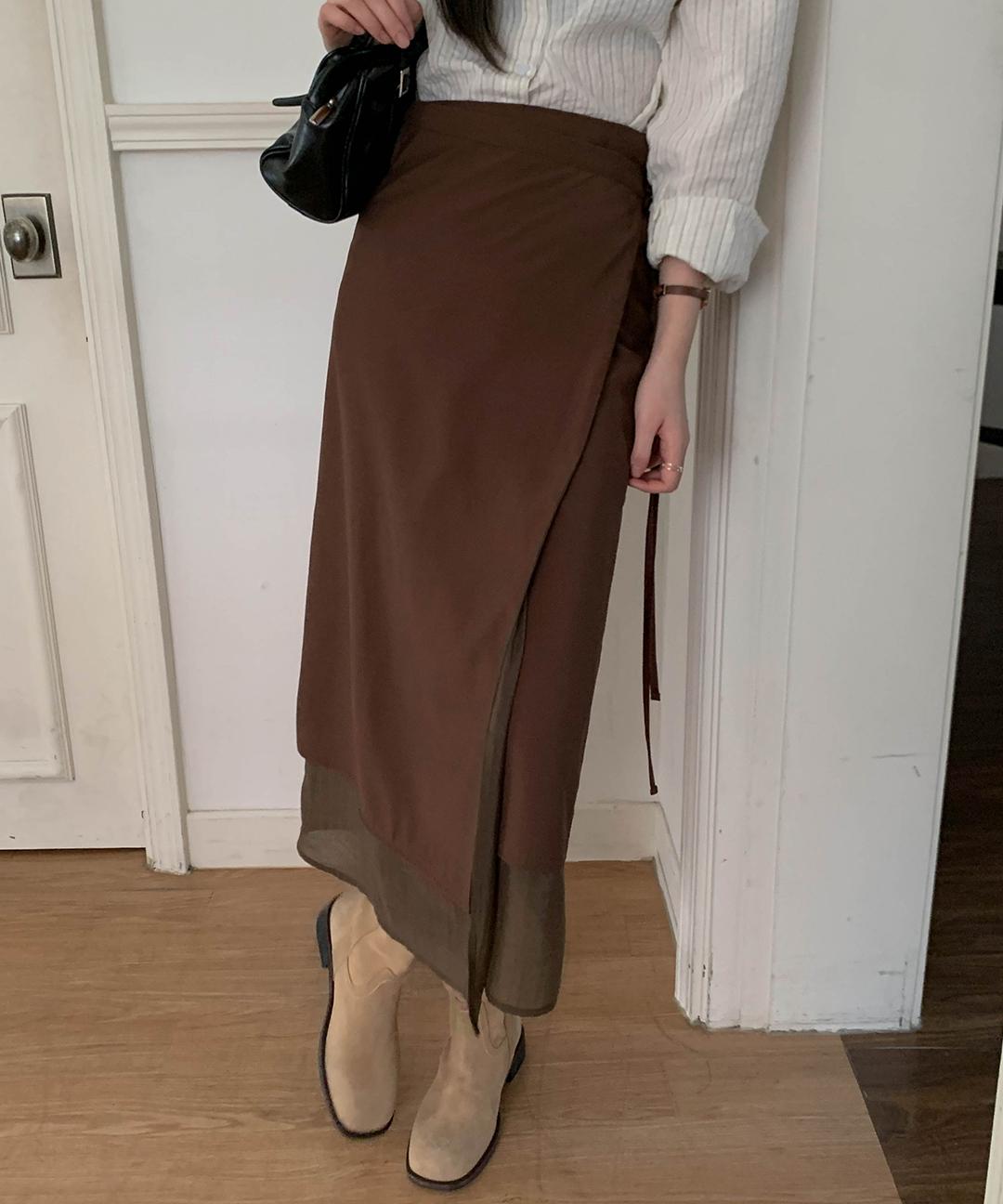 디카일리 [봄신상/MADE] 랩 레이어드 H라인 롱스커트 3color [데일리룩/데이트룩/캠퍼스룩/스트링/여리/청순/유니크/모던/베이직/간절기스커트]