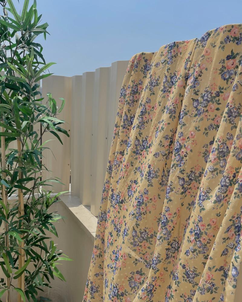 mandarin floral curtain 플라워 쉬폰 커튼 오렌지 머스타드 빈티지 레트로